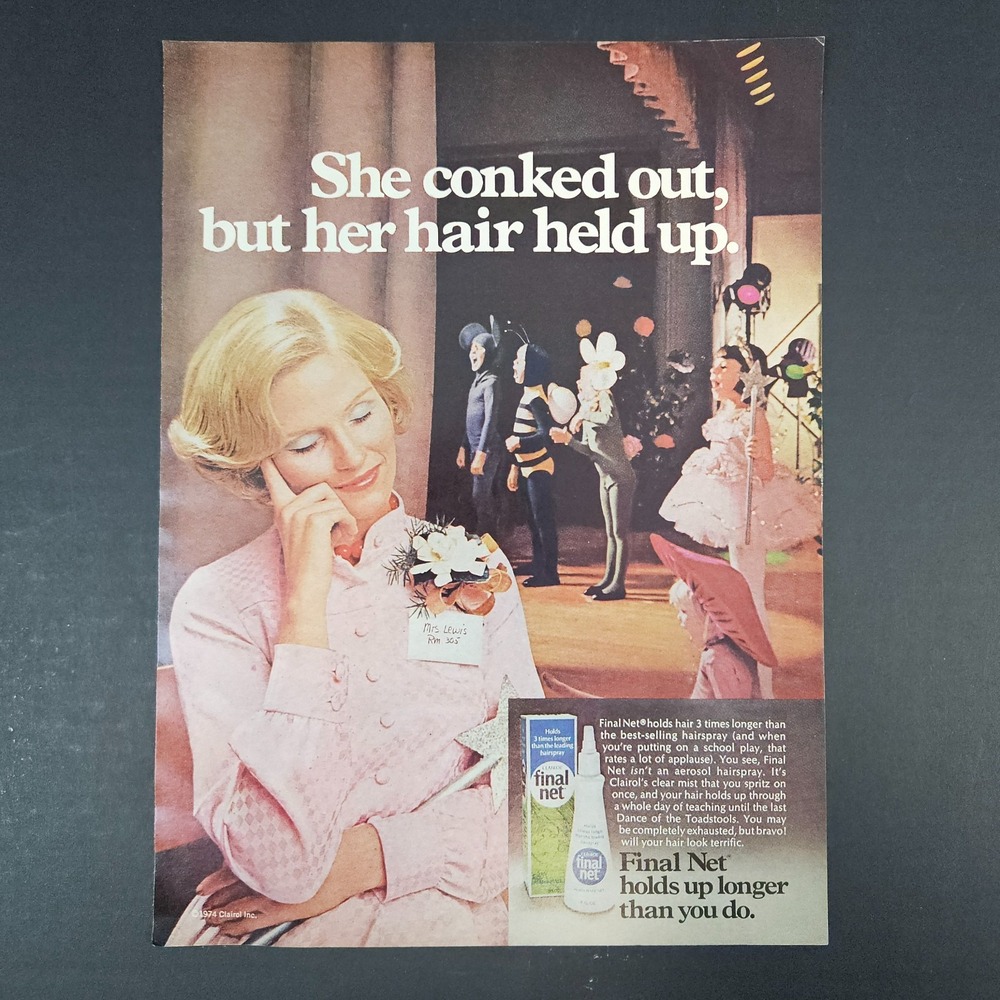 1974 Final Net Hair Spray Clairol Vintage Print Ad Sleeping Woman Children Play